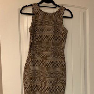 black and tan tribal print cocktail dress